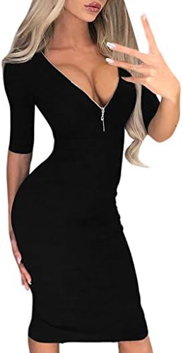 kaifongfu Deep V Neck Dress for Women Zipper Nightclub Long Sleeve Mini Dress Blue