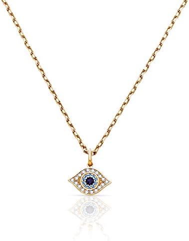 Jewel Connection Real 14K Yellow Gold Evil Eye Wisdom Pendant with Aqua Colored Stone Accents for Women and Girls