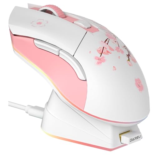 DAREU Sakura Pink Gaming Maus Kabellose mit Magnetic Charging Dock Wiederaufladbar RGB,12K DPI, 6 Programmierbare Tasten, Hochpräziser Sensor 300IPS 1