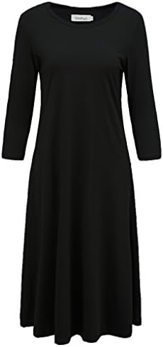 KateSui Women's 3/4 Sleeve Loose Fit Pockets A Line Flare Casual Swing Midi Dress Black Medium