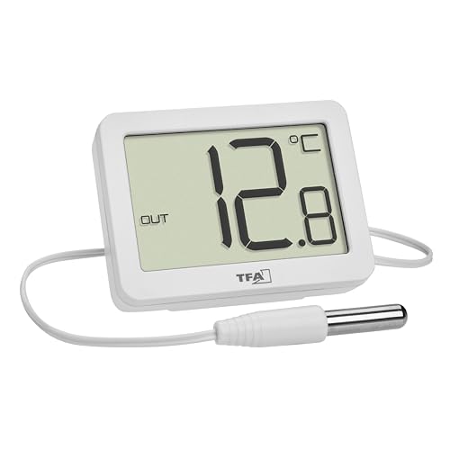 TFA Dostmann 30.1066.02 Indoor and Outdoor Digital Thermometer with Waterproof Sensor (Approximately 3 m) for Environment, Maximum and Min, with Magnet/Stand, Large Indicator, White