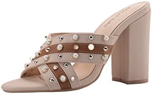 Ashley A Collection Hazel Women's Glamorous Platform Stud and Pearl Embellishment Block Chunky Heels,Nude/CAMEL8.5