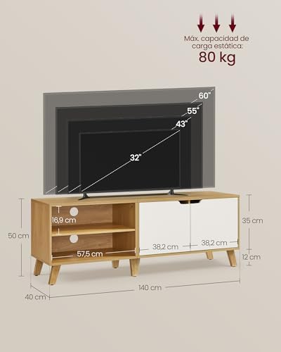 Mueble de TV de 2 Puertas, Soporte de TV con Estantes Ajustables, Largo de 140 cm, para Televisores de 60 Pulgadas, para Salón, Comedor, Dormitorio, Roble Natural y Blanco Crema LTV027N01