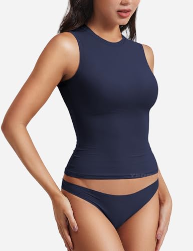 YEOREO Women Basic Mock Neck Workout Crop Top Sleeveless Double Lined Tank Tee Slim Fitted Ruched Going Out Camisole