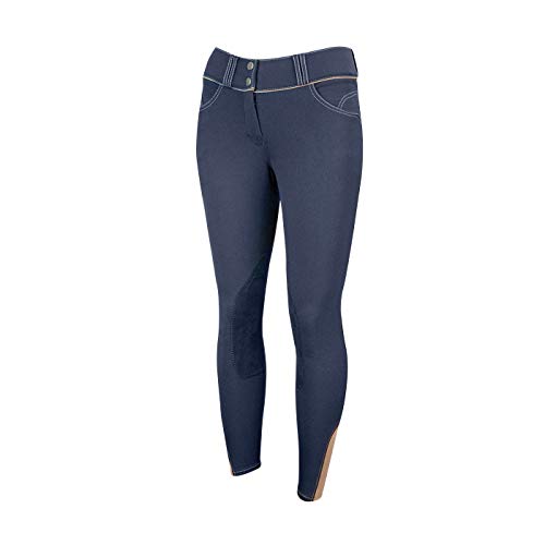 ELATION EuroSeat Breeches, Platinum Brooklyn Riding Breeches for Women, Thick Elastic High Waist w/Contrast Piping & Leather Knee Patch -Ladies Equestrian Riding Pants & Horse Show Breech (Navy, 28R)
