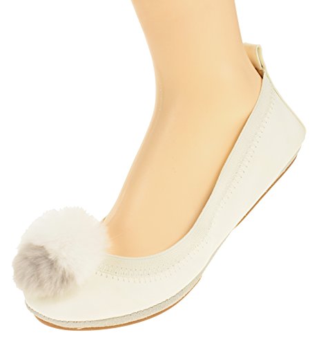 Women's Samara Pom Pom Leather Ballet Flat, Whisper White/Ligh Grey 7 B(M) US