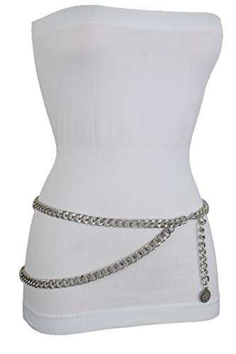 TFJ Women Fashion Skinny Belt Waist Hip Silver Metal Chain Coin Buckle M L XL