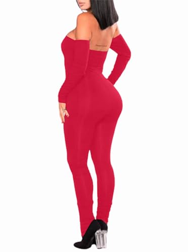 HILINKER WOMENS SEXY OFF SHOULDER JUMPSUIT BODYCON LONG SLEEVE ONE PIECE ROMPER RED SMALL