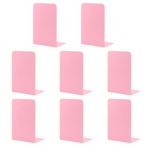 4 Pairs Book Ends for Shelves, MSDADA Heavy Duty Bookends for Office, School&Home, Metal Bookends for Heavy Books, Anti Slip Book Shelf Holder Bookend Supports Book Stoppers(Pink)