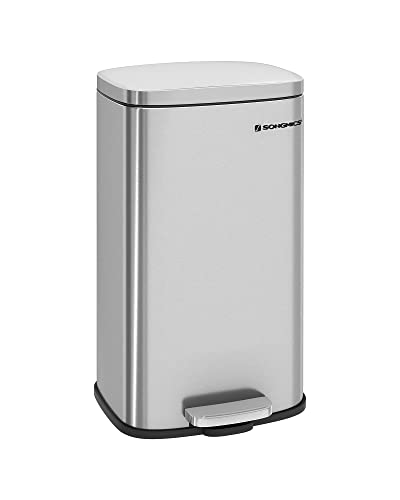 SONGMICS Mülleimer Küche, 30 Liter, Abfalleimer, Treteimer, mit Deckel, Softclose, Fußpedal, Stahl, Inneneimer, silbern LTB03NL