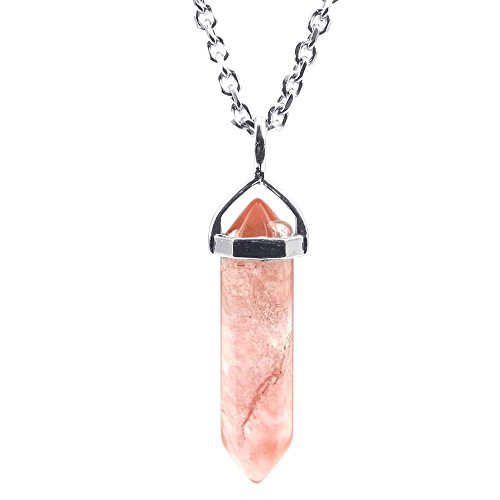 KONOV Womens Natural Gemstone Crystal Hexagonal Prism Pile Pendant Necklace, 24 inch Chain, Pink Silver