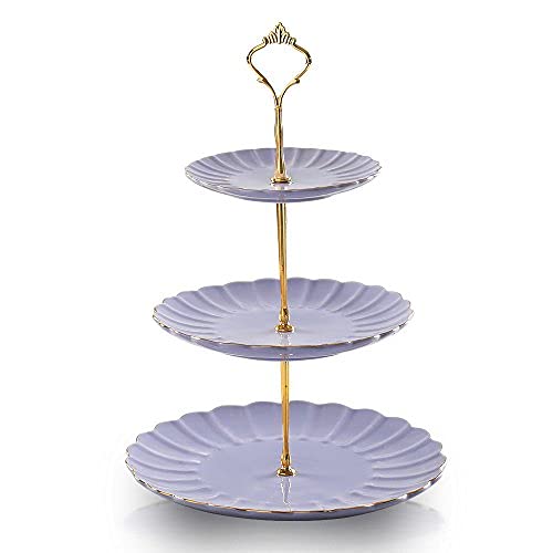 Sweejar Home 3 Tier Ceramic Cake Stand, Tiered Wedding Dessert Cupcake Stand for Tea Party Food Donut Stand Server Display (Purple)