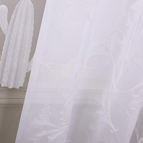 Floral Embroidery Sheer Curtains White 45 Inch Length, Vintage Rod Pocket Voile Drapes for Living room, Bedroom, Window Treatments Semi Crinkle Curtain Panels for Villa, Parlor, Set of 2, 52"x 45".