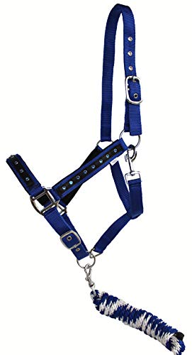 PRORIDER Nylon Horse Halter Hardware Padded Lead Rope Tack Blue Rodeo Bling 606162RB