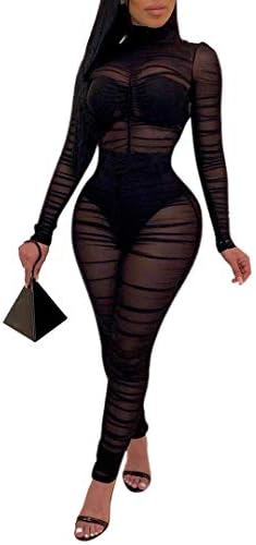 JOYOUSNESS  One-Piece Outfits Mesh Sheer Bodycon Jumpsuit Long Sleeve See Through Party Jumpsuits Perspective Sexy Stretch Nightclub Tight-Fitting Women (??,?)