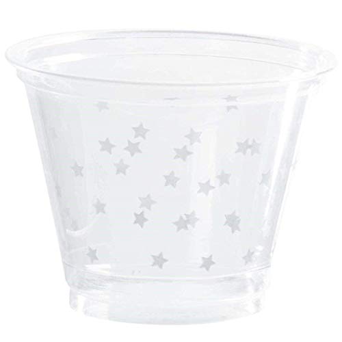 Clear Plastic Cups - 200-Pack 9oz Hard Plastic Drinking Cups, Silver Stars Print, Bulk Disposable Party Supplies for Birthdays, Weddings, Graduation, Holidays, 9-Ounce Capacity