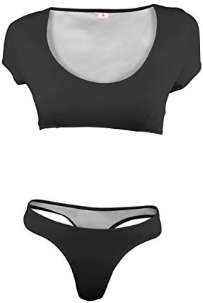 PEGGYNCO Womens Black Short Sleeves 2Pcs Sport Swimsuit Beachwear Size M