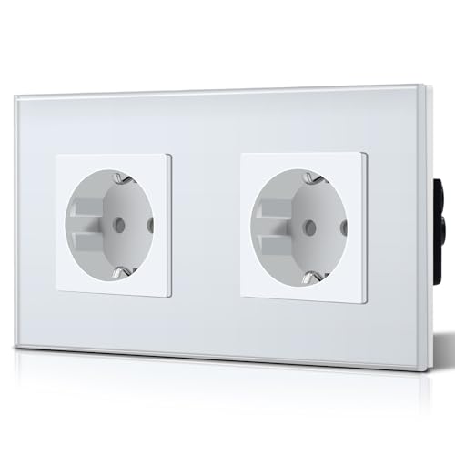 BSEED Wall Socket with Glass,Recessed Double Sockets,Power Outlet,Child Safety,Easy to Install,M Series,2 Sockets,157mm White