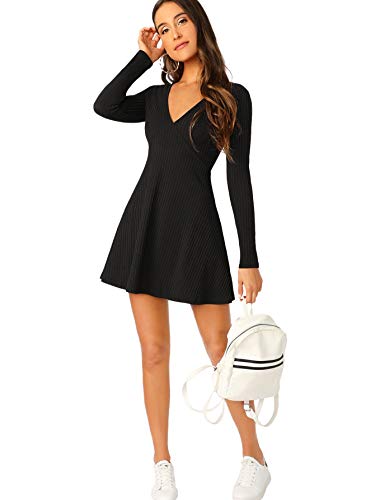 Verdusa Women's Elegant Deep V Neck Long Sleeve Ribbed Short Skater Dress - Image 6