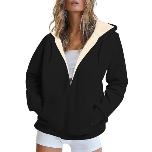 Sherpa Lined Fleece Jacket for Womens Warm Zip Up Hoodie Oversized Winter Coat, Ladies Fleece Zip Hoodie for Autumn & Winter UK, Soft Plush Casual Hooded Jacket with Pockets