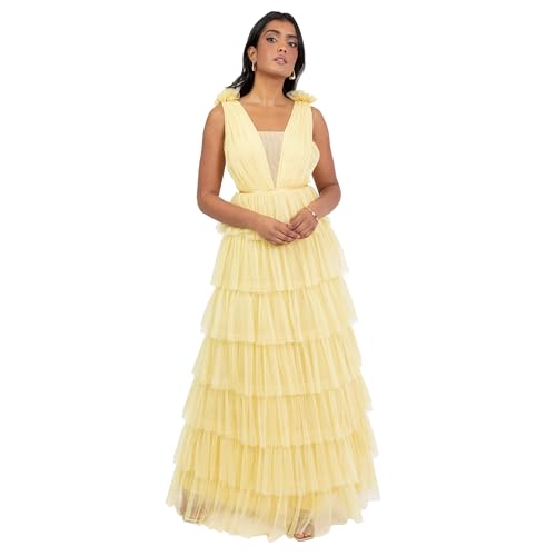 Anaya with Love Women's Maxi Dress Ladies Recycled Sleeveless Plunge Front Ruffle Tiered Skirt A-Line Wedding Guest Bridesmaid Ball Gown, Amarillo Claro 44