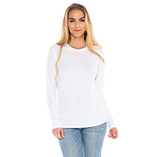 Women's Designer T-Shirt Lightweight Boy Fit Long Sleeve Crew Neck Organic Cotton Pre-Shrunk Embroidered - Made in USA (White, X-Large)