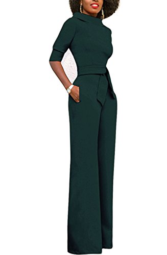 KISSMODA Women Sexy Lapel Ruffle One Piece Wide Leg Long Pants Jumpsuit Rompers Green XX-Large