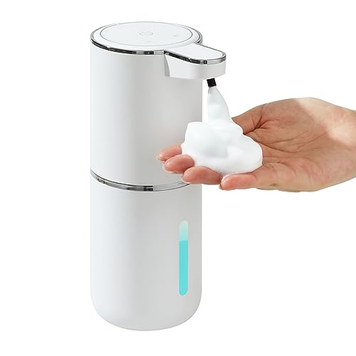 Dispensador automático de sabão espumante – 4 engrenagens de espuma ajustável, adesivo montado na parede – bomba de sabão recarregável para banheiro e cozinha, 368 g/380 ml sem toque
