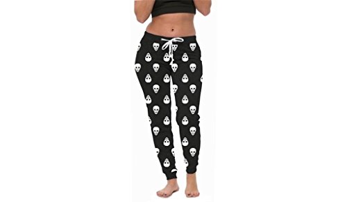 Coco-Limon Jogger Sweatpants for Women – Skull Print, Fitted, Elastic Waist,Black/Heather Charcoal,Large