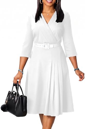 white work dress midi Wedtrend Women White Casual Dress Short Sleeves V Neck Midi Summer Dress, White / L