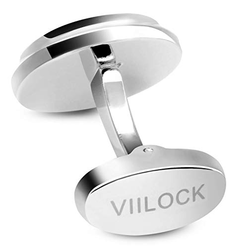 VIILOCK Onyx Black Cufflinks and Studs Set for Men Wedding Business Gift Mens Cuff links Set (Silver)
