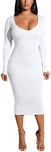 Women's Long Sleeve Bodycon Dresses - Elegant Hollow Out Solid Slim Midi Dress