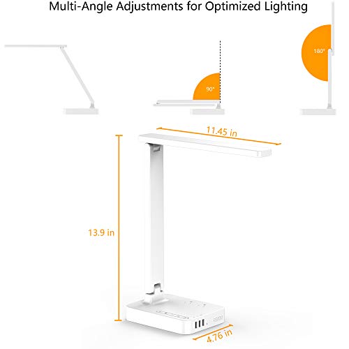 COZOO LED Desk Lamp with 3 USB Charging Port and 2 Outlet Power Strip, 3 Lighting Model with 3 Brightness Level, 1h Timer, Touch Control, Memory Function (White-)