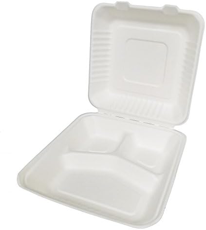 Earthable- Eco-Friendly, 100% Compostable, Renewable and Recyclable, with Sugarcane Fiber Heavy Duty Disposable Take Out Container Clamshell Boxes (100, 8"x 8"x 3" w/3 Compartments)