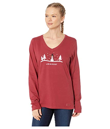 Life is Good Long Sleeve Snowman Outdoor Crusher Vee Cranberry Red LG (US 12-14)