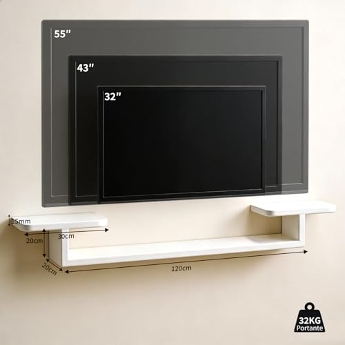 Repisas Flotantes para TV 120 cm - Mueble Flotante para TV con 2 Estantes Abiertos, Repisa Pared Montada Estantería Televisor, Ahorro de Espacio, Soporta 32 kg, Diseño Moderno Minimalista (Blanco)