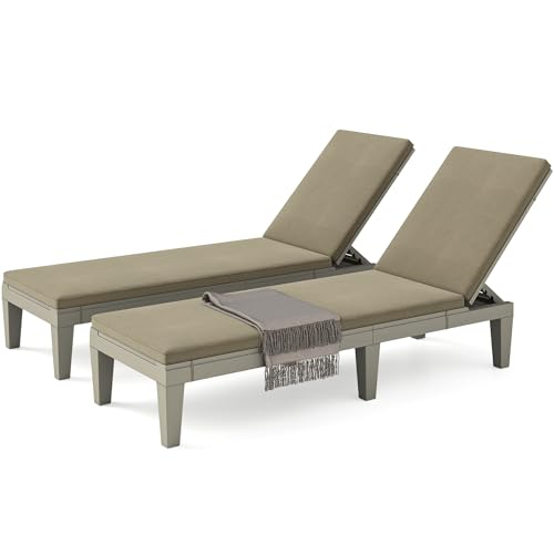 DWVO Outdoor Chaise Lounge Set - 2 Padded Loungers + Side Table, 5-Level Adjustable Backrest, Wheels, Gray Textile
