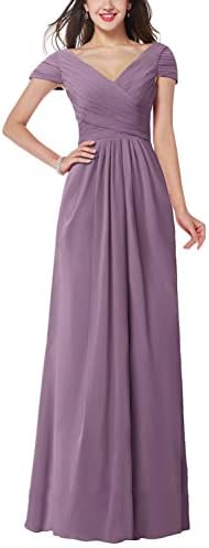 JeniDress Women's Long V-Neck Chiffon Cap Sleeve Formal Evening Gown A-Line Wedding Party Bridesmaid Dress