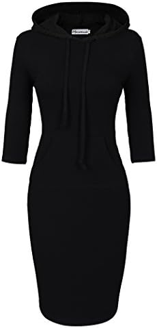 Women Hooded Dress 3/4 Sleeve Sweatshirt Pullover Stripe Keen Length Kangaroo Pocket Dress