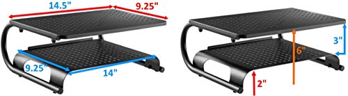 2 Pack- Two Tier, Double Decker Steel Monitor Stand with Rugged, Sturdy, Vibration Free Construction. Holds 50lbs, Laptop, Keyboard, Mouse, Organize Supplies. Vented Cooling. Attractive Black