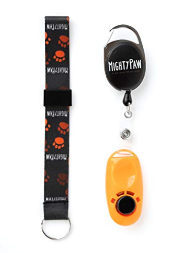 Mighty Paw Dog Training Clicker, 2 Attachment Options, Retractable Belt Clip + Wrist Lanyard (Orange)