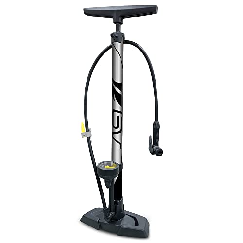 BV Bicycle Ergonomic Floor Pump with Gauge & Clever Air Valve, 160 psi, Reversible Presta and