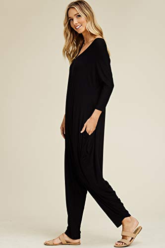 Annabelle Women's Long Sleeve Comfy Harem Jumpsuit Romper with Pockets Black Small J8002