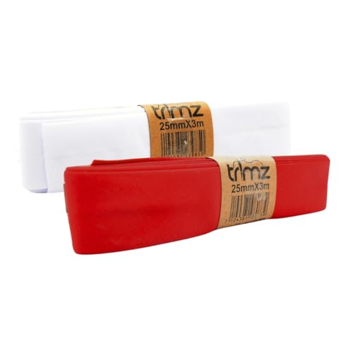 Trimz Polycotton Bias Binding Tape 3m Bundle – 2 Colour Set (Red & White) | Polycotton Bias Tape for Sewing, Dressmaking & Creative Crafts