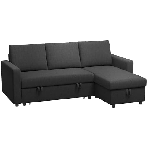 HOMCOM Convertible Corner Sofa Bed, 83" Pull Out Sleeper Sofa with Chaise Storage, L-Shaped Sectional Futon Couch with 3 Removable Back Cushions for Living Room, Apartment, Black