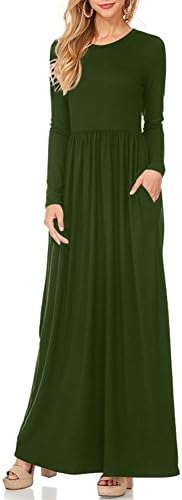 Long Maxi Dress, Womens Long Sleeve Plain Pockets Pleated Tunic Loose Swing Casual Dress