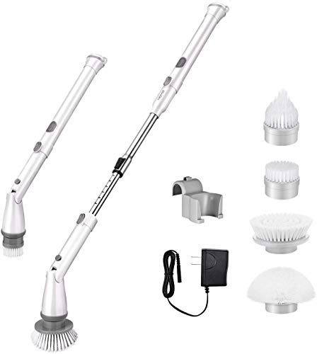 Homitt Electric Spin Scrubber Cordless Shower Scrubber Built-in 2 LG Batteries, 360 Power Bathroom Scrubber with 4 Replaceable Cleaning Brush Head and Adjustable Extension Handle for Tub, Tile, Floor