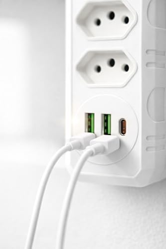 Extensão Elétrica/Benjamin com 3 Tomadas, 2 USB + USB-C – Régua de Energia e Adaptador de Tomada Premium