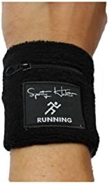 Black Sweatband - with water repellent zip pocket - for keys, money, cards – running, fitness, cycling, walking etc. – Arm Sweatband - Wristband - Sweatband