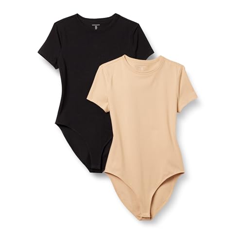 Amazon Essentials Women's Short Sleeve Crew Neck Stretch Cotton Jersey Slim-Fit T-Shirt Bodysuit, Pack of 2, Black/Light Camel, Medium at Amazon